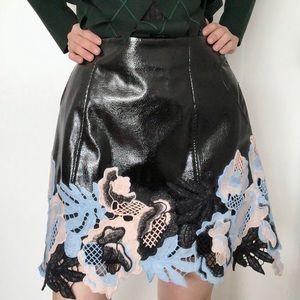 PU Leather Mini Skirt with Floral Lace